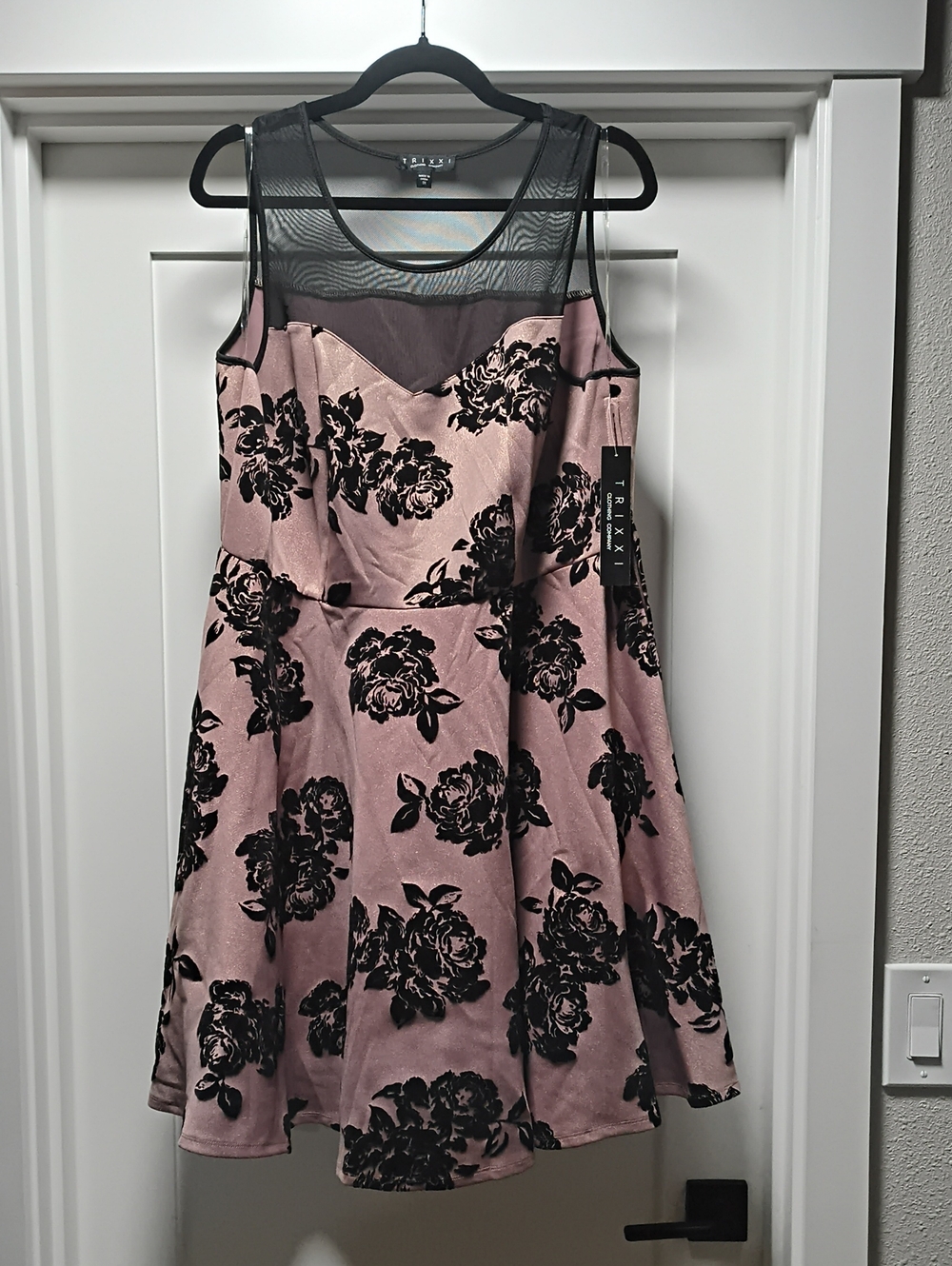 Trixxi Pink and Black Floral Mesh Yoke Fit & Flare Dress
